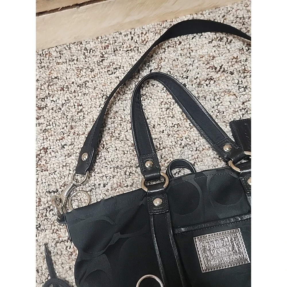 COACH POPPY SIGNATURE LUREX SPORTLIGHT BLACK JACQUARD TOTE SHOULDER BAG